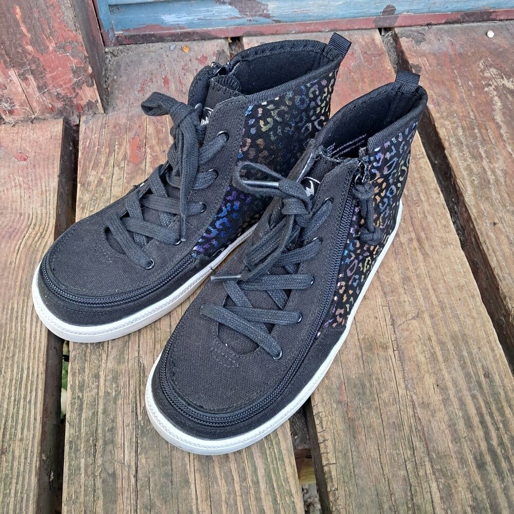 BILLY Footwear Kid Haring Hi-Top Sneaker Black Iridescent Cheetah 5 Adaptive Zip